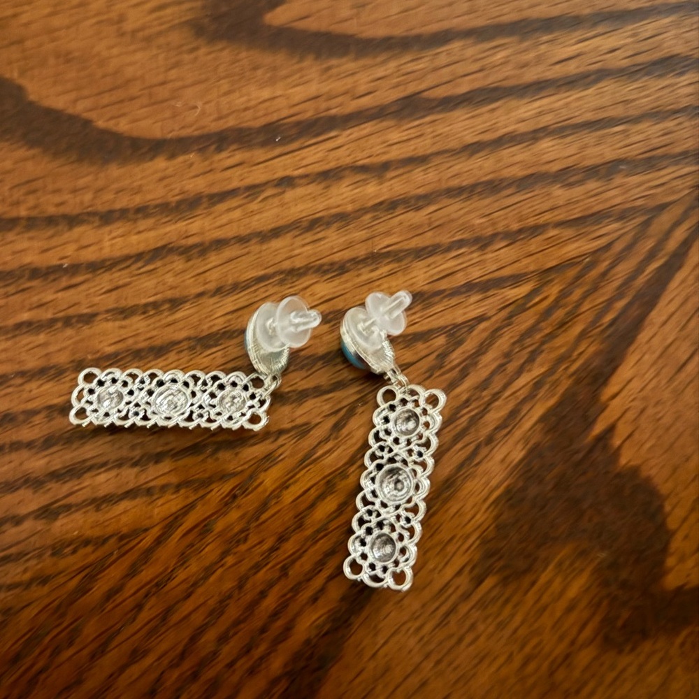 Silver Floral Drop Earrings with Turquoise Accent - Picture 4 of 4